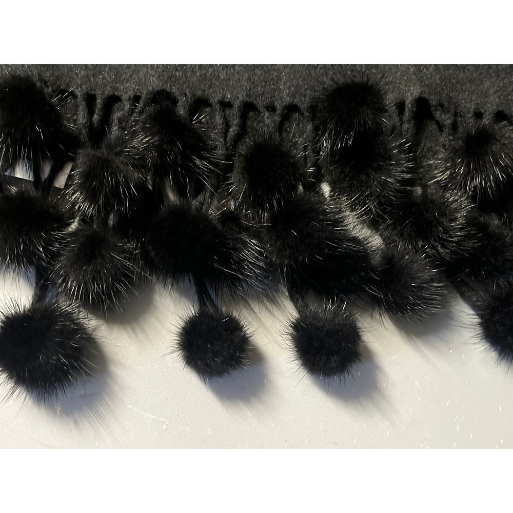 100% Pure Cashmere Wrap Scarf Fur Pom Pom Trim Black Shawl 72x27 OS - Picture 4 of 7